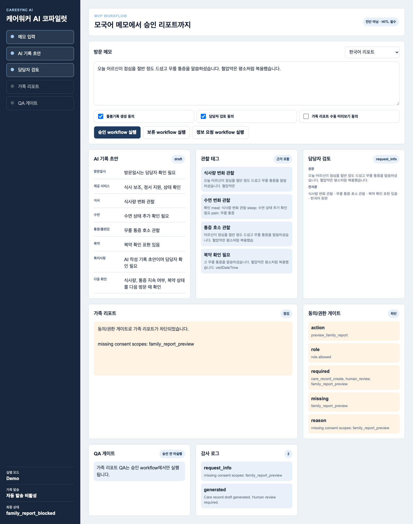 동의 조건이 충족되지 않아 가족용 미리보기가 차단된 CareSync 데모 화면
